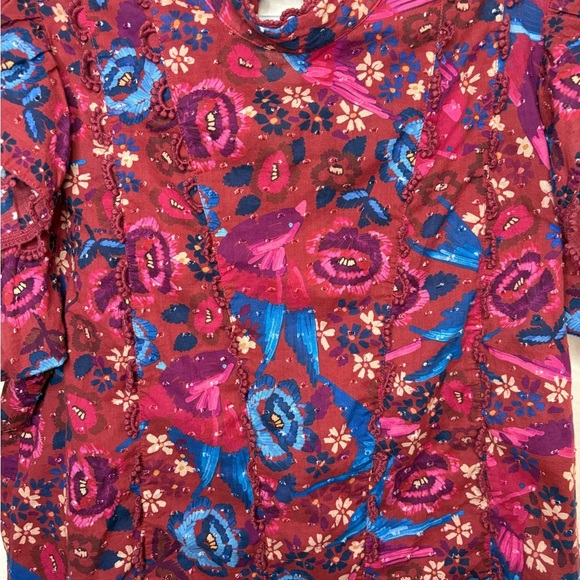 Farm RIO Floral Birds Blush Sleeves Red and Blue Blouse Size XS 100% Cotton - Picture 2 of 14